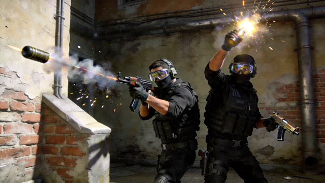 CSGO 选手投掷烟雾弹与闪光弹的战术配合画面