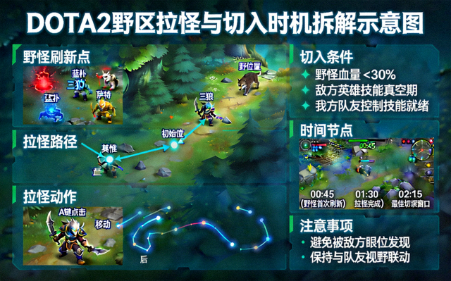 DOTA2 野区拉怪与切入时机拆解示意图