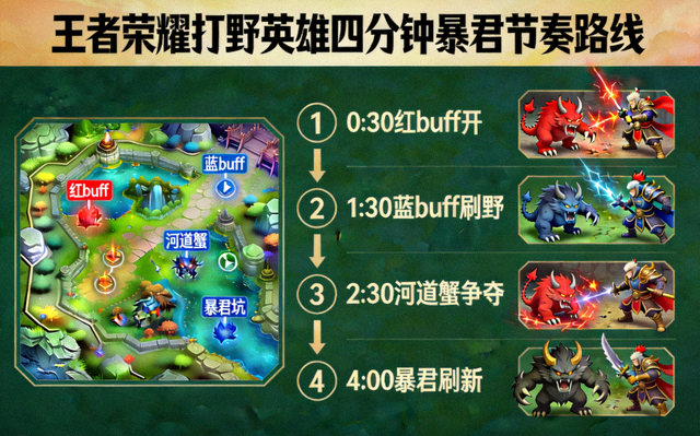王者荣耀打野英雄四分钟暴君节奏路线示意图